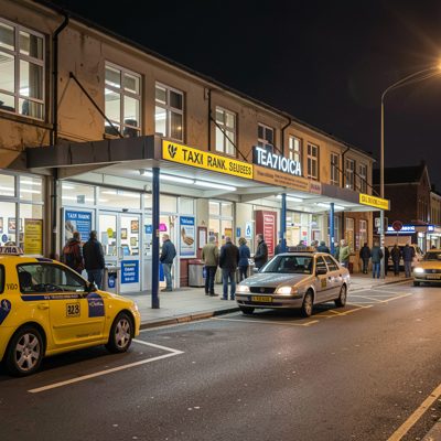 a taxi rank outside a station at night