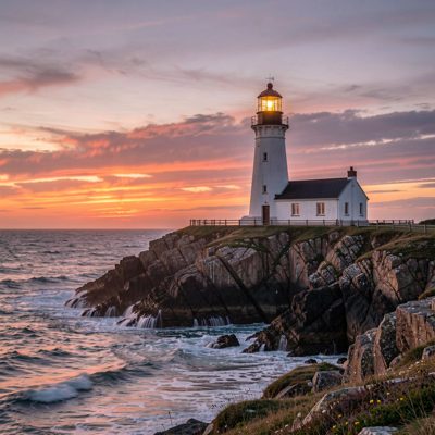 a lighthouse on a headland at dusk