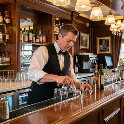 a hotel bar with a bartender polishing glasses