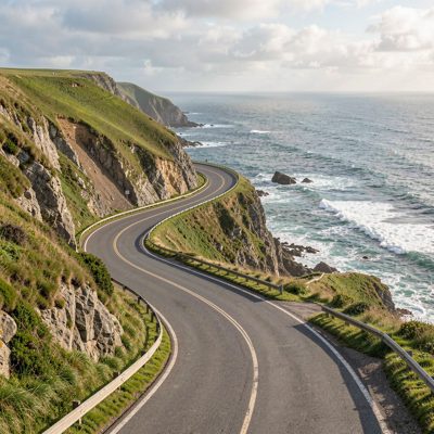 a coastal road curving between cliffs and sea