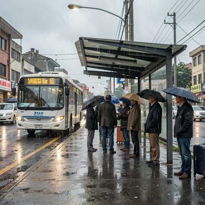 a bus stop with people waiting in the rain