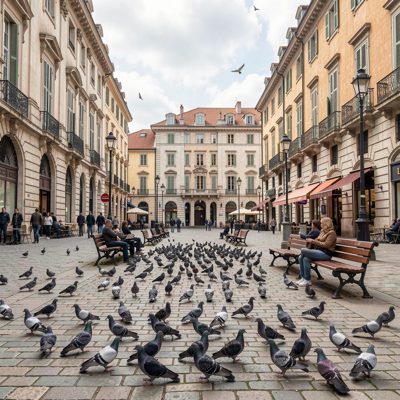 a city square with pigeons and benches