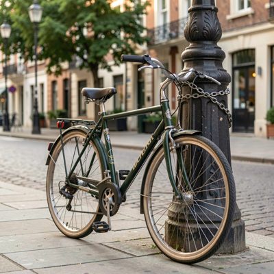 a bicycle chained to a lamp post