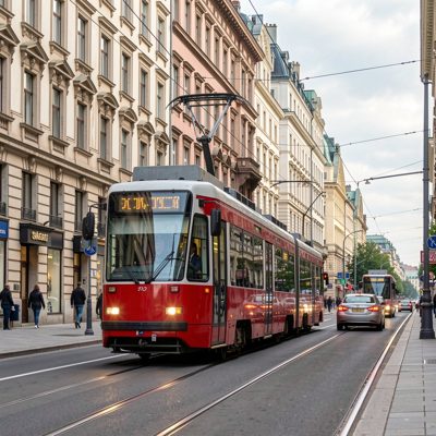 a tram passing through a city street