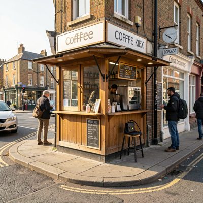 a coffee kiosk on a street corner