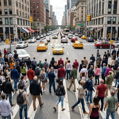 a crowd crossing at a busy junction
