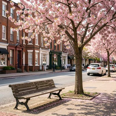 a bench beside a street tree in blossom