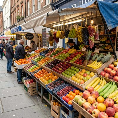 a fruit stall on a pavement