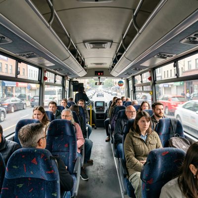 a bus interior with passengers seated