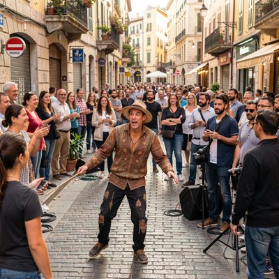 a street performer with a small crowd
