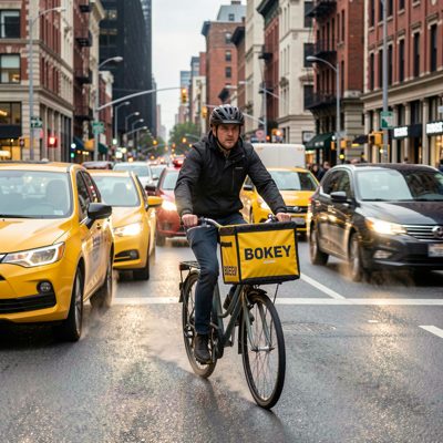 a delivery bike weaving through traffic