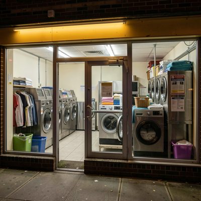 a laundrette window at night