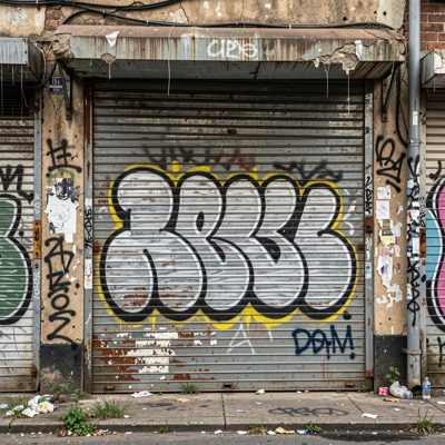 a shuttered shop with graffiti