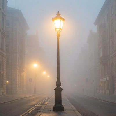 a street lamp glowing in fog