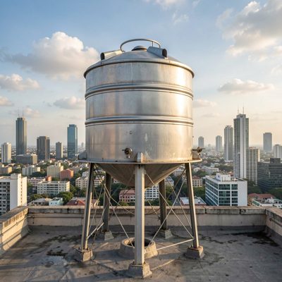 a rooftop water tank against a skyline