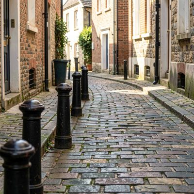 a cobbled lane with bollards