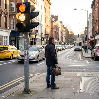a person waiting at traffic lights with a bag