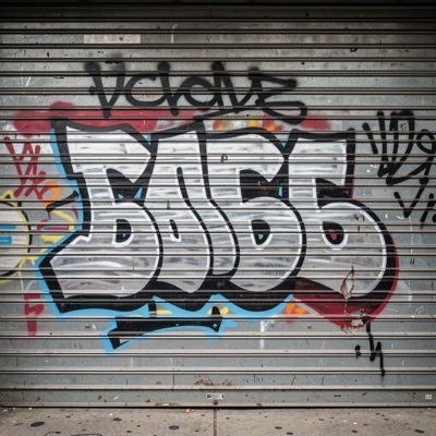a graffiti tag on a metal shutter