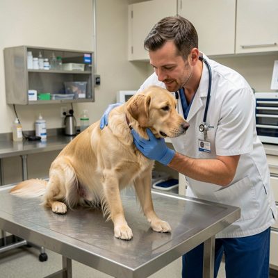 a vet examining a dog on a steel table