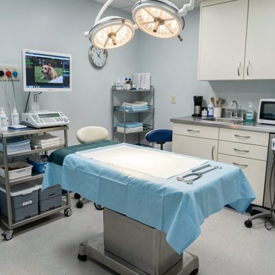 a veterinary surgery with a scrubbed table