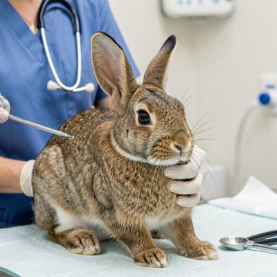 a rabbit being examined by a vet