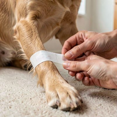 a bandage being applied to a dog's leg