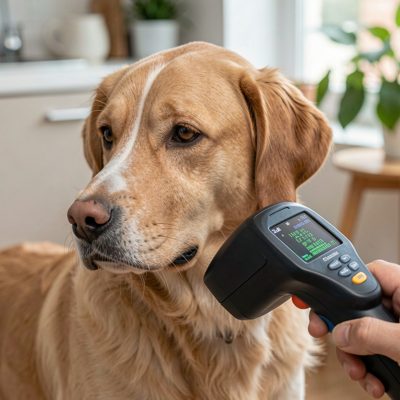 a microchip scanner being passed over a dog