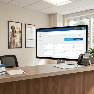a veterinary reception with a booking screen
