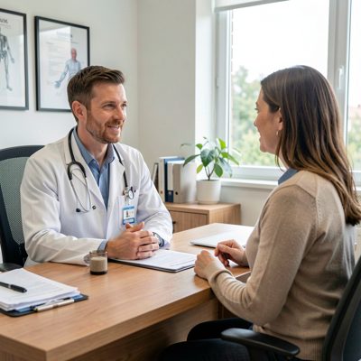 a vet talking with an owner in a consulting room