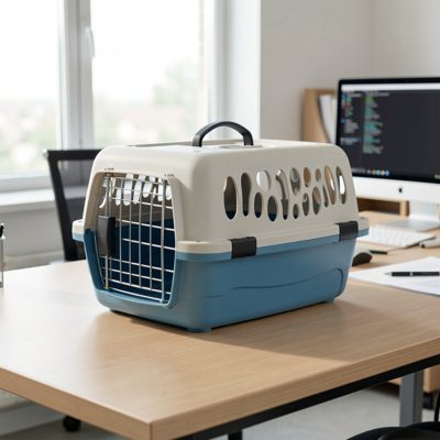 a cat carrier on a consulting table