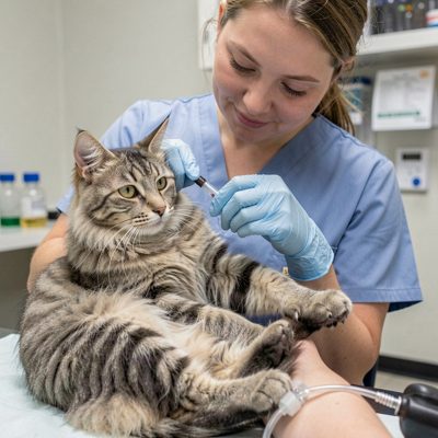 a nurse holding a cat for a blood sample
