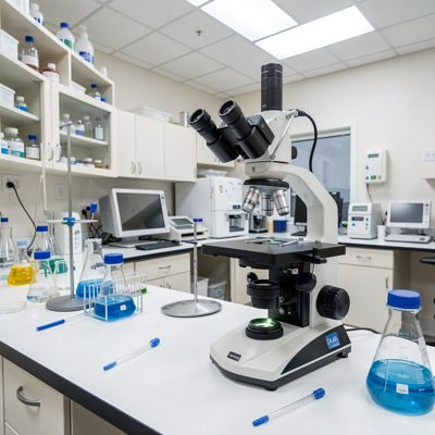 a veterinary laboratory with a microscope