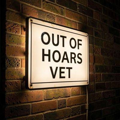 an out of hours vet sign lit at night