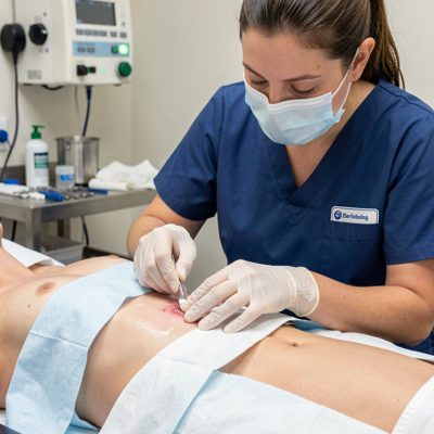 a vet nurse cleaning a wound