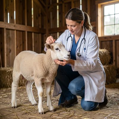 a lamb being examined by a vet in a barn