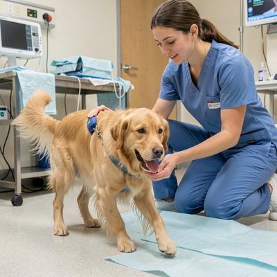 a dog waking after surgery with a nurse nearby