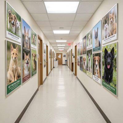 a vet practice corridor with animal posters