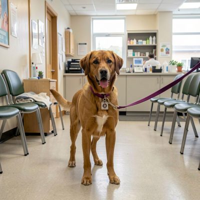 a dog on a lead in a vet waiting area