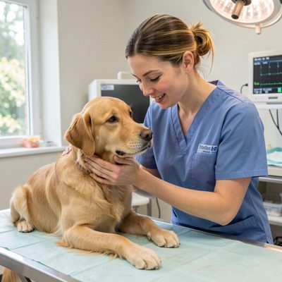 a nurse comforting a dog before a procedure