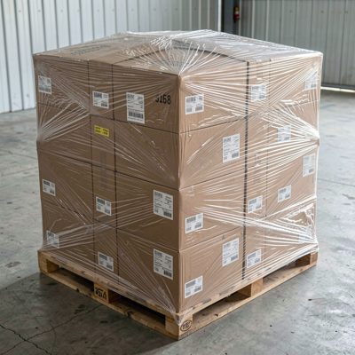 a pallet of boxes shrink wrapped in plastic