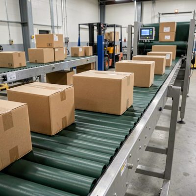 a conveyor belt carrying boxes