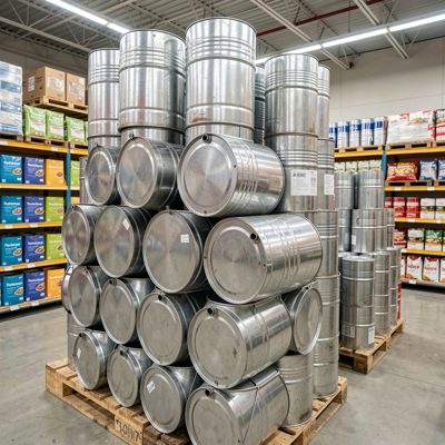 a stack of steel drums in a store