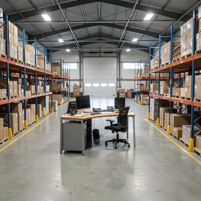a warehouse office overlooking the floor