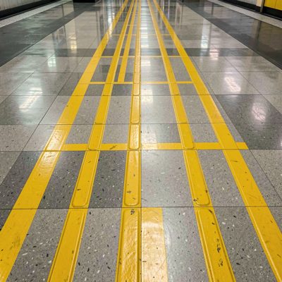 a floor marked with yellow walkway lines