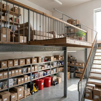 a mezzanine level with storage below