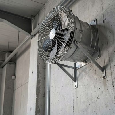 a industrial fan mounted high on a wall