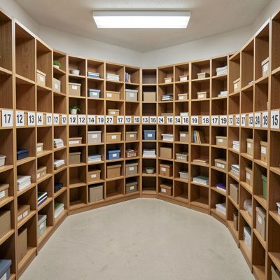 a bay of shelving with numbered locations