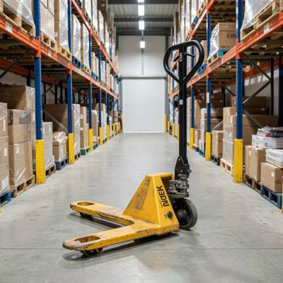 a pallet jack parked at the end of an aisle