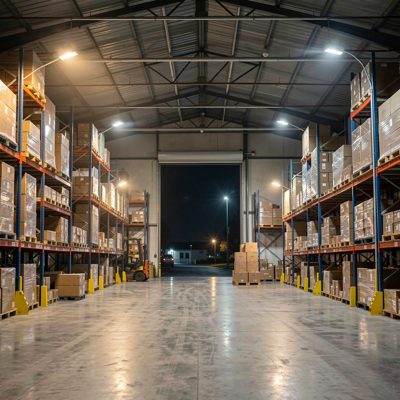 a warehouse at night with security lighting