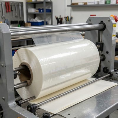 a roll of packing film on a wrapping machine